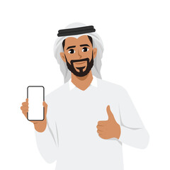 Man showing smartphone and showing thumbs up or like sign. Flat Vector Character illustration