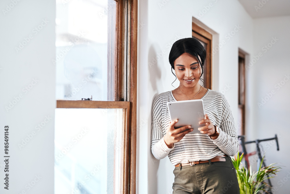 Poster Creative, office and woman with internet on tablet for web development, research or communication. Happy, developer and smile with technology at IT startup for ux planning, info or review of database