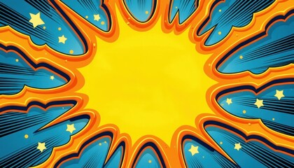 Fototapeta premium Vibrant Pop Art Comic Book Style Background with Explosive Burst Design, Yellow Blue Orange Colors, Star Elements, Retro Cartoon Aesthetic