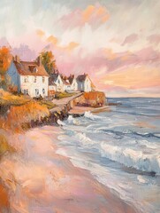 A quaint seaside village, soft pink and orange skies at dusk, waves gently crashing against the shore, painted with light strokes