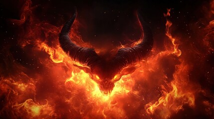 A dramatic depiction of a fiery creature with glowing eyes and massive horns, embodying chaos and power in a dark setting.