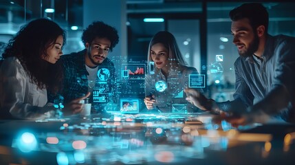 Diverse Team Discussing Digital Marketing Strategy with Floating Holograms of Social Media Metrics