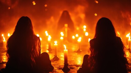 A mystical scene of two figures meditating in candlelight, surrounded by a mystical ambiance of flickering flames and shadows.