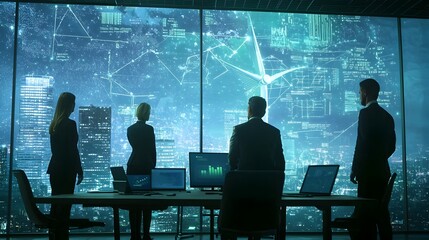 Executive Team Reviewing Holographic Green Energy Data for Sustainable Business Strategies