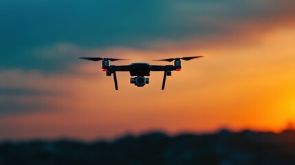 Obraz premium A stunning drone flying against a colorful sunset, capturing the beauty of aerial photography and technology in nature.