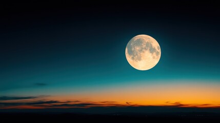 Fototapeta premium A stunning moon illuminates the night sky, casting a serene glow over a peaceful landscape at dusk.