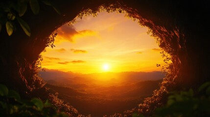 A stunning view of a sunset framed by foliage, showcasing vibrant colors and tranquil nature scenery, perfect for relaxation.