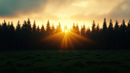 A stunning sunrise behind a dense forest, casting golden rays over the tranquil landscape, perfect for nature lovers and photographers.