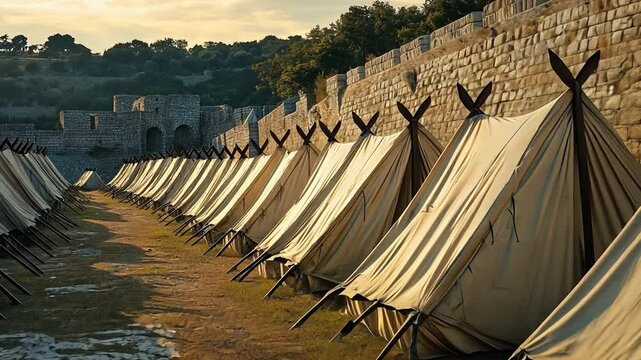 Roman army military tent camp at the castle, historically reenacted