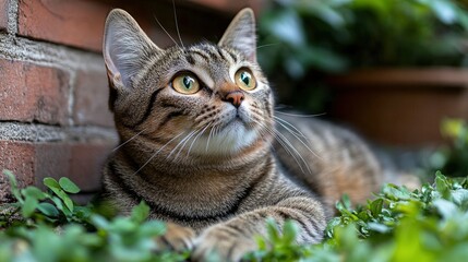 Obraz premium Curious Tabby Cat Looking Upwards
