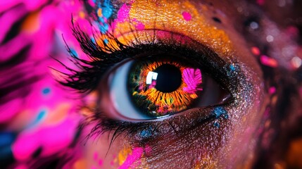 A vivid close-up of an eye adorned with colorful paint, showcasing vibrant details and striking contrasts in natural light.
