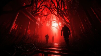 An eerie scene with shadowy figures walking through a dark, foggy forest filled with twisted trees and a haunting red glow.