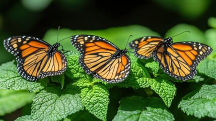 Fototapeta premium Three Monarch Butterflies on Green Leaves