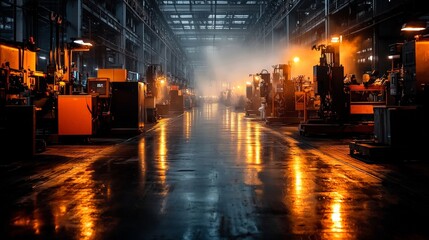 Fototapeta premium An empty, dimly lit factory floor, machines covered in dust, representing the decline of manufacturing due to economic turmoil
