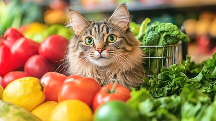 Curious cat surrounded by fresh vegetables and vibrant produce in colorful market scene