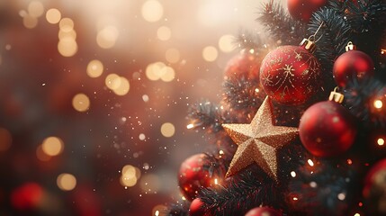 A beautifully decorated Christmas tree adorned with red and gold ornaments, including a glittering star, glows warmly against a backdrop of festive lights and soft bokeh.