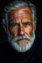 Fototapeta premium Close-Up Portrait of a Mature Man with Grey Hair and Beard, Expressive Eyes, and Strong Features