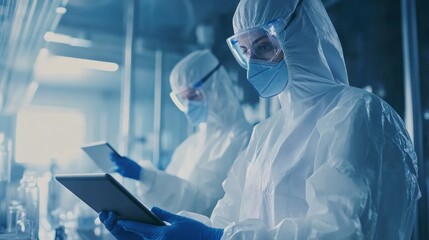 Industrial Scientists in Protective Gear Analyzing Work Hazards at Production Plant