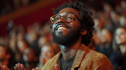 A young man in glasses smiles widely as he applauds in a crowded theater.