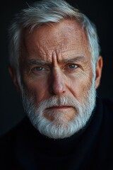Fototapeta premium Close-Up Portrait of a Mature Man with Grey Hair and Beard, Expressive Eyes, and Strong Features