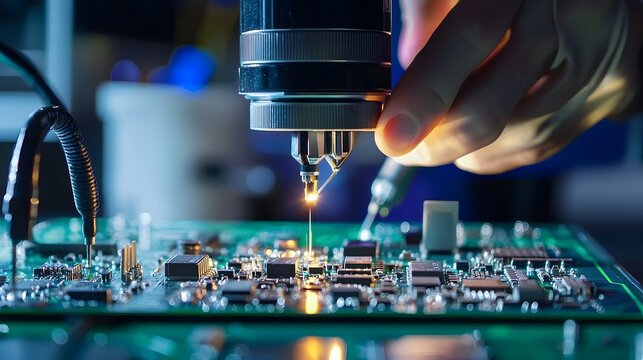 Engineer Thoroughly Inspecting Electronics With Precision Tools in Control Process