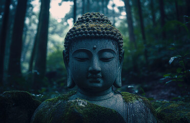 an ancient stone Buddha statue in the forest, with moss growing on its head, surrounded by tall trees with deep green foliage