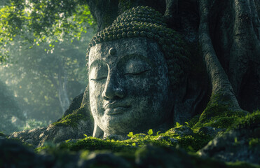 A serene Buddha statue in the forest, covered with moss and surrounded by ancient trees. The image...