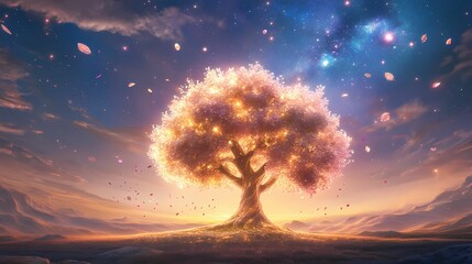 A glowing tree with multicolored leaves floating in a starry sky, symbolizing the limitless imagination