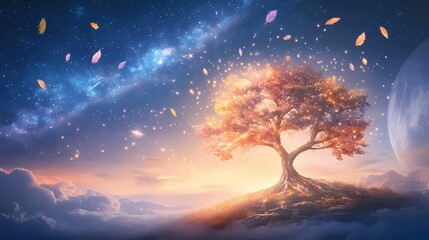 A glowing tree with multicolored leaves floating in a starry sky, symbolizing the limitless imagination