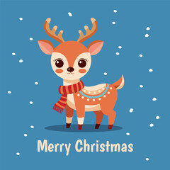 Merry Christmas.  A greeting card. A cute Christmas reindeer in a scarf. Snow is falling.