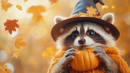 Fototapeta premium A charming raccoon in a witch hat holds a pumpkin amidst colorful autumn leaves. Perfect for seasonal and whimsical themes.