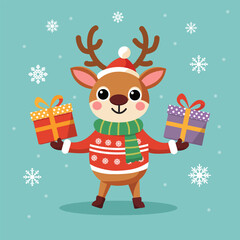 A cute Christmas deer in a scarf with gifts. Christmas card, banner.