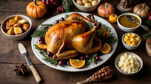 Holiday Goose with Vegetables and Side Dishes,Thanksgiving Day festive tradition ideas, Turkey on a wooden table