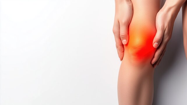 A close-up of a person's knee experiencing pain, highlighting the area of discomfort with a red glow for emphasis.