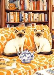 A watercolor of two Siamese cats on an orange-yellow patterned sofa, with a blue Chinese teapot, cakes, lemonade, and a colorful bookshelf in the background.