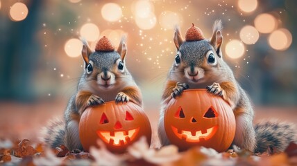 Fototapeta premium Two adorable squirrels celebrate Halloween with pumpkins, showcasing a festive autumn scene filled with charm and cheer.