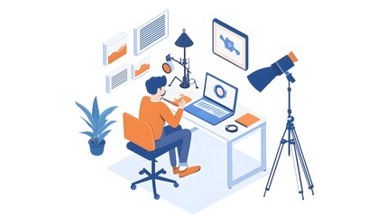 Freelancer's Workspace:Isometric Infographic of Desk Setup with Gear