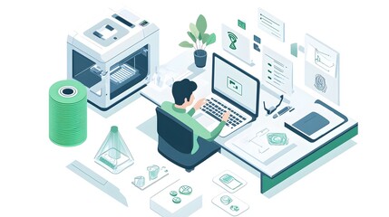 Isometric View of an Engineer's Desk with 3D Printing Equipment and Marketing Materials