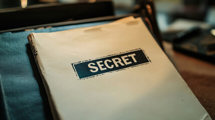 text "SECRET" on document on table