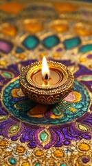 Low angle view, an ornate brass diya surrounded by intricate rangoli designs of vibrant purple, yellow, and turquoise colors, set against a gold surface, copy space, happy Diwali background