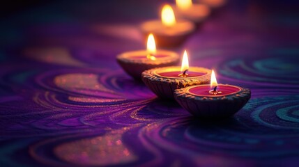 Low angle view, three diyas positioned in a line over a detailed purple and teal rangoli, glowing softly against a deep gold backdrop, copy space, happy Diwali background, traditional, Indian festival