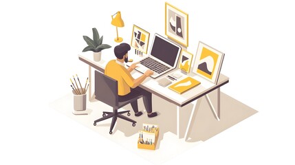 Fototapeta premium Isometric Workspace with Laptop and Marketing Materials