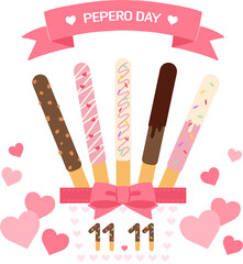 Cute Pepero Day illustration with various Peperos and hearts