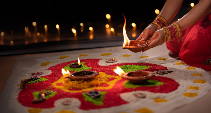 Traditional diya lamps lit during diwali celebration