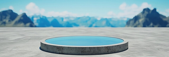 Minimalist product display platform with blue water and mountain backdrop.