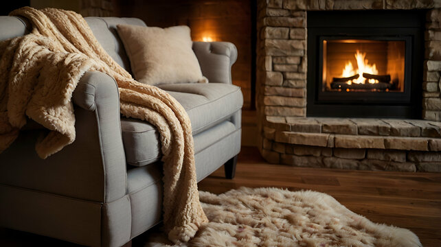 Cozy couch adorned with a white warm blanket, set against the warm ambiance of  fireplace. interior decorations.