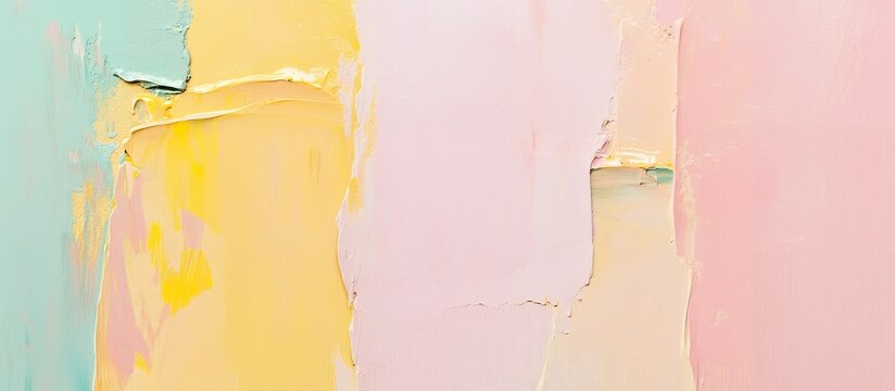 Abstract pastel-colored oil paint texture with strokes of yellow, pink, and light blue. Close-up macro shot for design and print