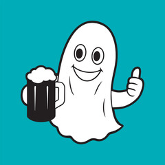 Happy Friendly Fun Ghost Cartoon Holding Beer Glass Vector Illustration, Smiling Ghost Holding a Beer Mug Clipart for Celebrations