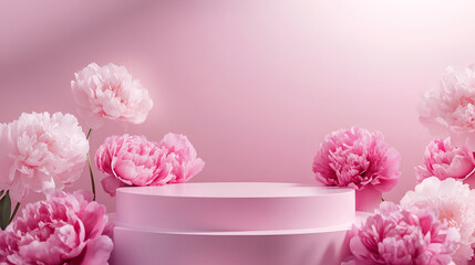 Podium for products presentation pink and red colors, with luxury background, roses ,Podium background flower rose product for advertising