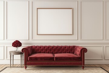 Fototapeta premium A classic red velvet sofa sits in an elegant room with neutral walls, a decorative table, and an empty picture frame.